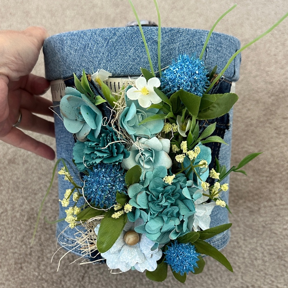 Floral Denim Decorative Basket called “Busting at the Seams.”